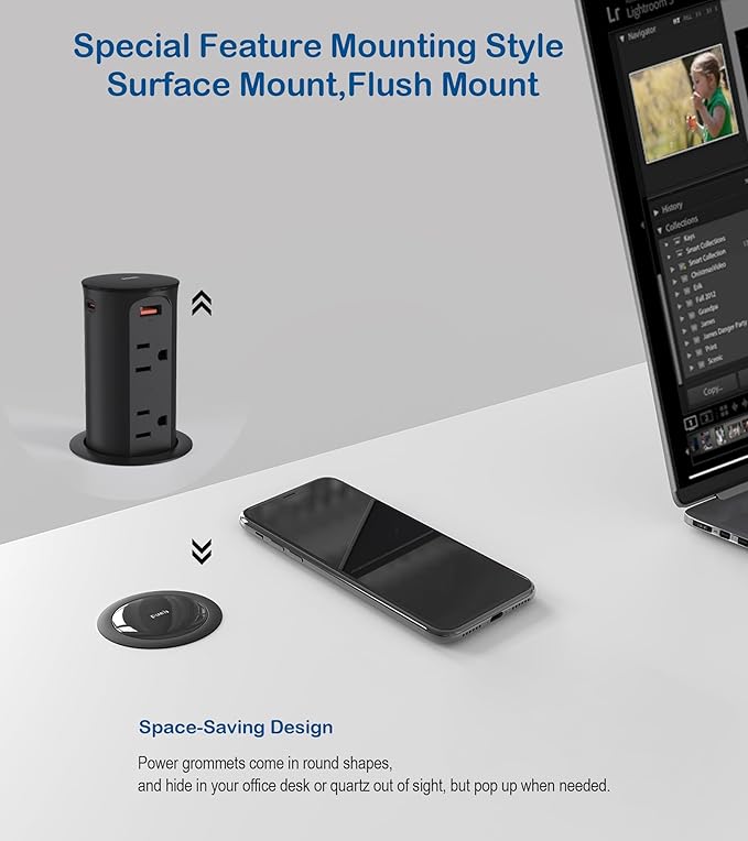 Jgstkcity Pop Up Power Outlet for Countertops & Desks,2.5-Inch Hole Flush, Mount, 20W USB-C, 4 USB Ports, 4 Tamper-Resistant 15A Outlets - Space-Saving Recessed Design,1875W,ETL Listed