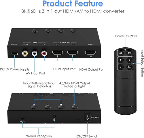 3-Port 8K@60Hz HDMI Switch with AV Input, 2X HDMI & 1x RCA to HDMI Converter Supports HDR10, HDCP 2.2, 3D with IR Remote Control, Compatible with Xbox/PS2/Nintendo Switch,Xbox,PS5/PS4,Roku,Apple TV