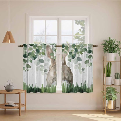 Easter Kitchen Curtains, Country Rabbit Botanical Leaves Wooden Grain Light - Image 3