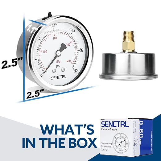 SENCTRL 0-60 Psi Glycerin Liquid Filled Low Pressure Gauge, 2.5" Dial Size - Image 6
