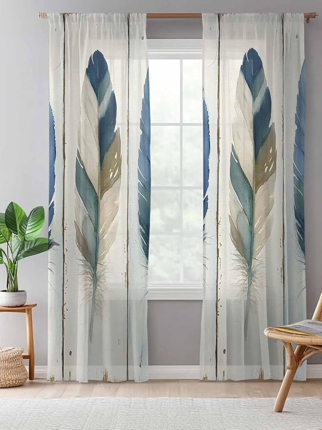Sheer Curtains 108 Inches Long, Boho Blue Feathers Semi Sheer Curtains Light - Image 5