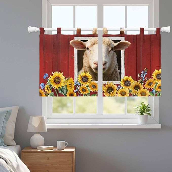 Sheep Sunflower Kitchen Curtains 24 Inch Length, Small Window Curtains Tab Top - Image 9