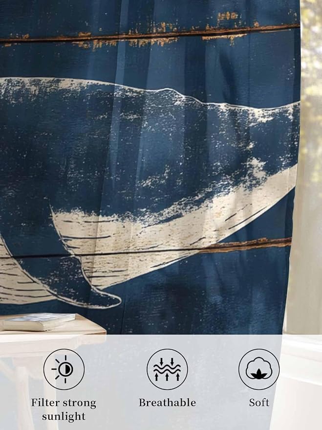 Sheer Curtains 108 Inches Long, Summer Whale Blue Semi Sheer Curtains Light - Image 6