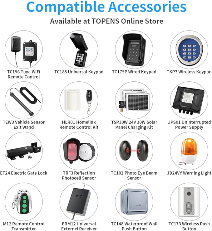 TOPENS PW502 Automatic Gate Opener for Medium Duty Dual Swing Gates Up to 16ft per Arm, Dual Swing Gate Operator AC Powered with Remote Control Kit Gate Motor Solar Compatible