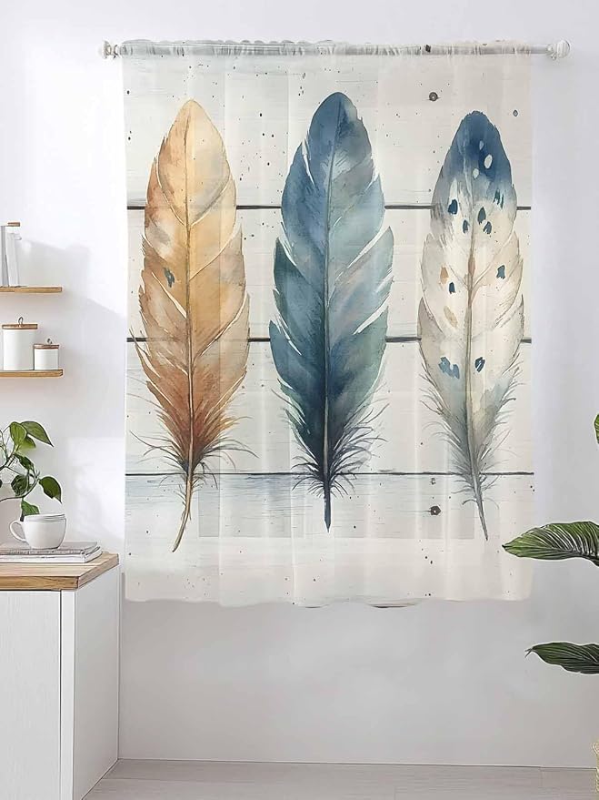 Sheer Curtains 63 Inch Length, Boho Blue Feathers Semi Sheer Curtains Light - Image 2