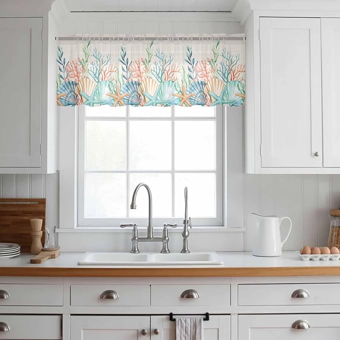 Summer Beach Sheer Valance Curtains, Ocean Colorful Coral Shell Seaweed - Image 2