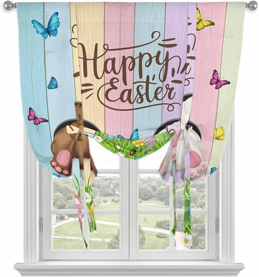 Tie Up Curtains, Happy Easter Rabbit Butt Egg on Daisy Leaf Adjustable Rod by Unknown
