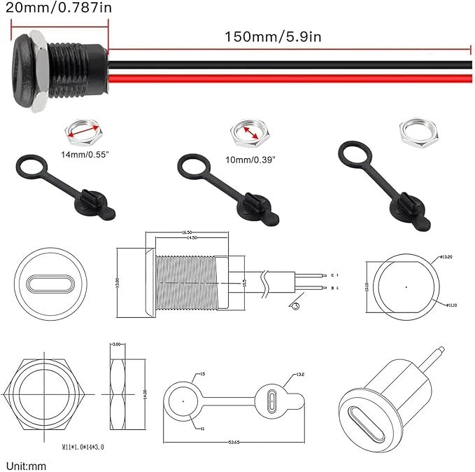 Gebildet 10pcs Type-C Female Chassis 2 Pin Wire 24AWG Waterproof Jack Connectors 3A USB C Pigtail Cable Extension Socket Plug