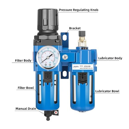 NANPU 3/8" NPT Compressed Air Filter Regulator Lubricator Combo, Water/Oil Trap - Image 3