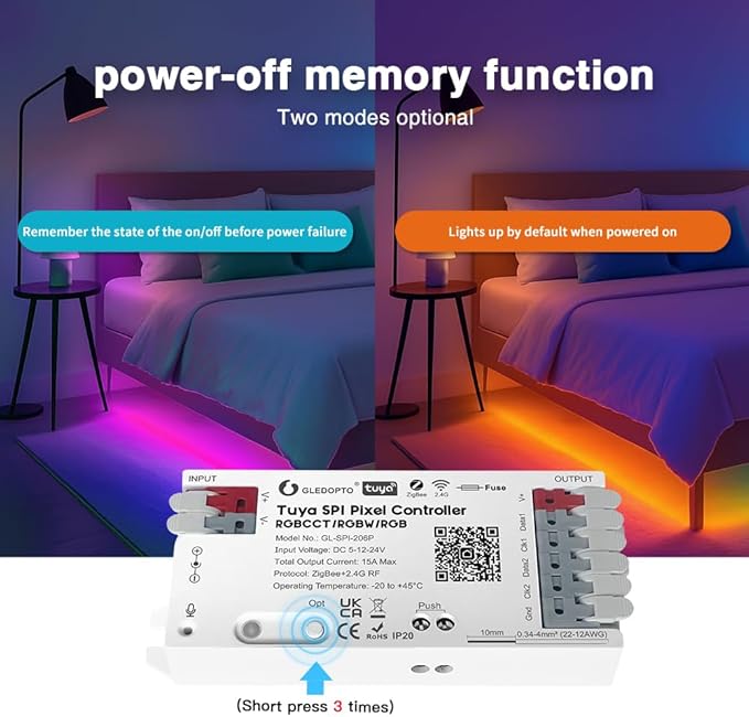 ZigBee Tuya SPI Pixel LED Strip Light Controller Smart Life APP Control RGB IC Dynamic Lighting Static Mode Music Sound ZigBee2mqtt Home Assistant WS2811 SK6812 WS2805 (Tuya ZigBee Hub Require)