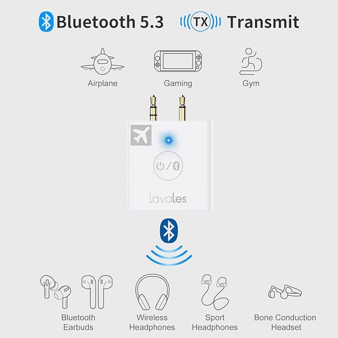 Bluetooth 5.3 Wireless Audio Transmitter, 3.5mm Jack, 32 Hours Battery Life, Dual Pairing, Low Latency, AptX Adaptive, Compatible with TVs, Speakers, Headphones