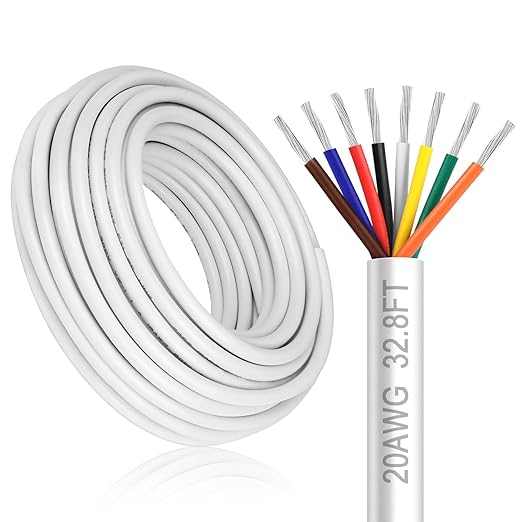 20 Gauge 8 Conductor Electrical Wire, 32.8FT White Stranded Low Voltage 20/8 PVC Case, 20 AWG Tinned Copper 8 Wire Extension Power for Strips LED Lamp Lighting
