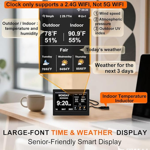 2025 Digital Clock with Weather Forecast & Temperature/Humidity Large Display,Auto Time Sync, Custom Alarms & Medication Reminders, Elderly Memory Loss (Black, 7 Inch)
