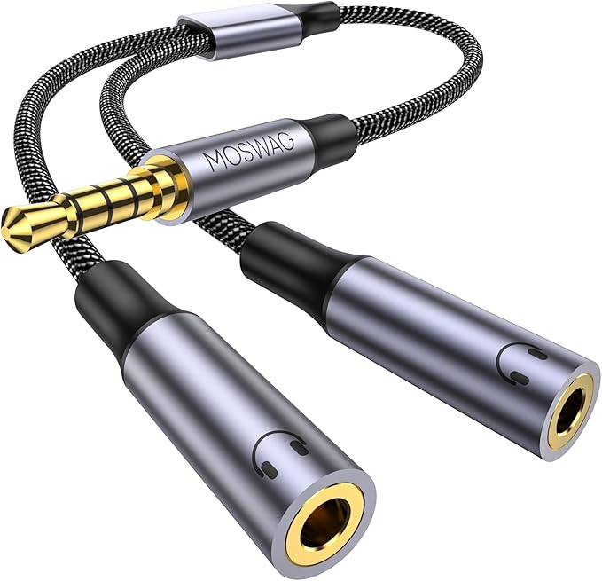 MOSWAG Headphone Splitter for 2 TRRS Headphones, 3.5mm Male to 2 Female Audio Jack Splitter Adapter Compatible with Two Headsets or Microphones to Pc, Laptop, Smartphones, Ps4, Ps5
