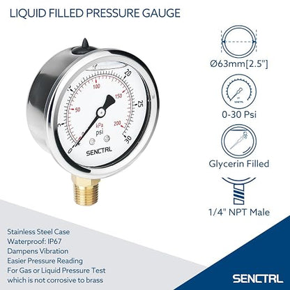 SENCTRL 0-30 PSI Glycerin Liquid Filled Low Pressure Gauge, 2.5" Dial Size - Image 2