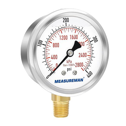 MEASUREMAN 2-1/2" Dial Size, Glycerin Filled Pressure Gauge, 0-400psi/2800kpa - Image 2