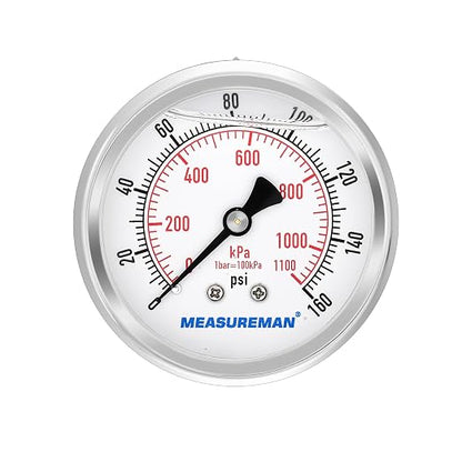 MEASUREMAN 2-1/2" Dial Size, Glycerin Filled Pressure Gauge, 0-160psi/kpa by MEASUREMAN