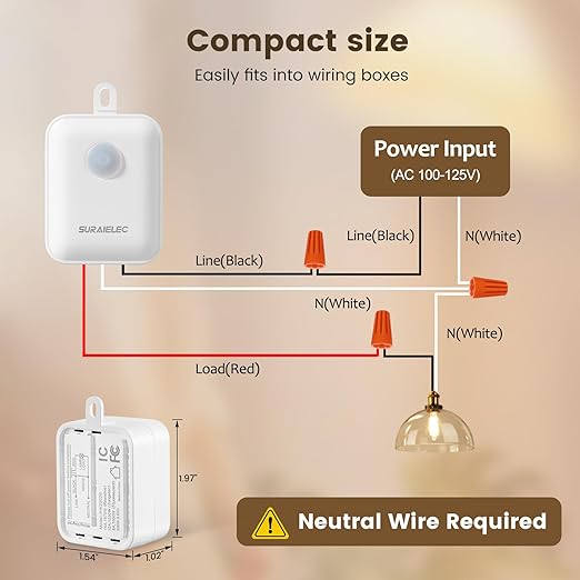 SURAIELEC Wireless Light Switch and Receiver Kit, Single Pole, RF 100 Feet, No WiFi, No Interference, Expandable 15A Remote Control Wall Switch for Ceiling Lighting, Lamp, Fan (Neutral Wire Required)
