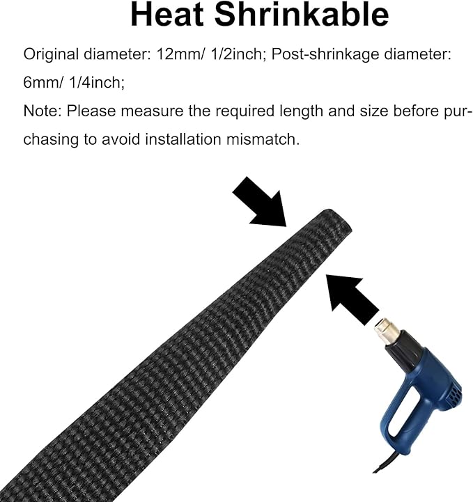 MECCANIXITY Braided Cable Sleeves Heat Shrinkable Fabric Sleeving, 1/2" 40ft Black 2:1 Ratio Heat Shrinkable Cord Protector for Harness Cable, Network Cable Protection, Cable Management
