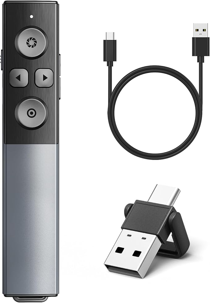2-in-1 USB Type C Presentation Clicker Wireless Presenter Remote Clicker, Rechargeable Clicker for Powerpoint Presentations, Google Slide Advancer Slideshow Presnetation Clicker (Aluminium Alloy)