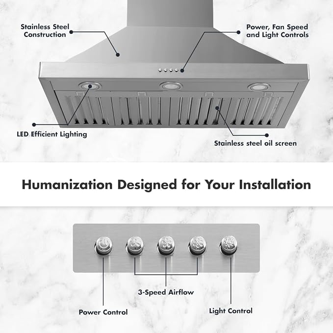 48 inch Wall Mount Range Hood Vent Convertible Vent 800CFM Stainless Steel - Image 4