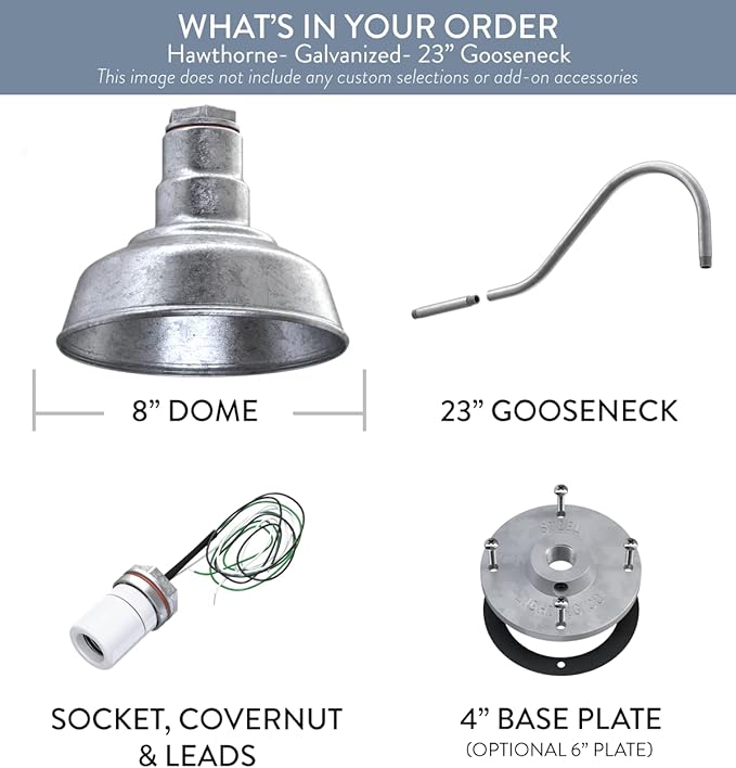 Steel Lighting Co. Hawthorne Barn Light | Outdoor Wall Mounted | 8 inch Dome | 23 inch Gooseneck| Small Farmhouse Light Made in America | Galvanized Exterior/Galvanized Interior
