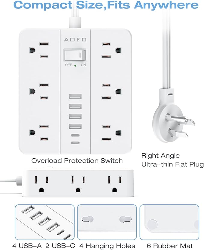 AOFO 25FT Surge Protector Power Strip,12 AC Outlets with 6 USB Ports (2 USB-C), Flat Plug Extension Cord with Multiple Outlets, Wall Mount for Home Office,Dorm, White