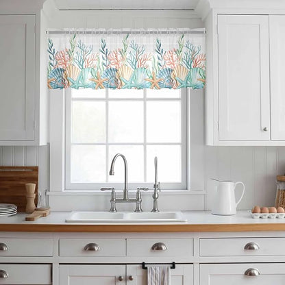 Summer Beach Sheer Valance Curtains, Ocean Colorful Coral Shell Seaweed - Image 2