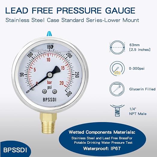 0-300 Psi Glycerin Liquid Filled Pressure Gauge, 2.5" Dial Size, 1/4" NPT Lower - Image 2