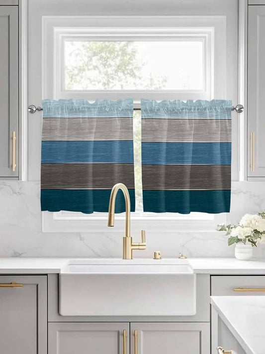 Retro Farm Blue Gray Wood Grain Window Valance Curtains, Rustic Wooden Plank by IDOWMAT