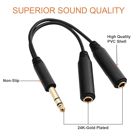 TISINO 6.35mm (1/4 inch) Jack Splitter Cable, 20cm (8 inches), Headphone Splitter Cable, Splitter, Stereo Male to Dual Stereo Female Jack, Compatible with Headphone, Amplifier, Karaoke