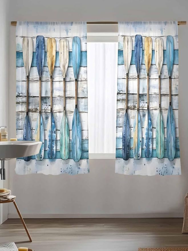 Sheer Curtains 63 Inch Length, Lake Paddle Striped Semi Sheer Curtains Light - Image 5