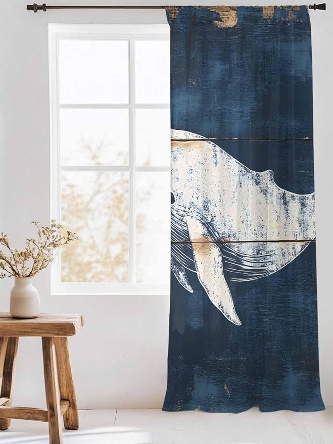 Sheer Curtains 96 Inches Long, Ocean Whale Blue Semi Sheer Curtains Light - Image 3