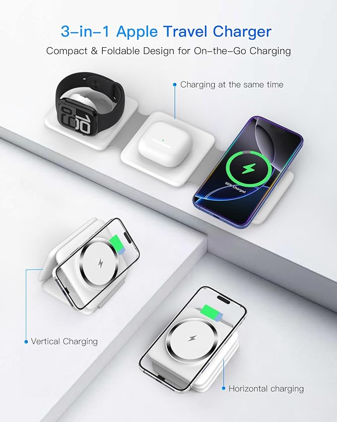 Charging Station for Apple Multiple Devices - 3 in 1 Foldable Magnetic Wireless Charger Dock - Travel Charging Pad for iPhone 16 15 14 13 12 Pro Max Plus Watch & Airpods