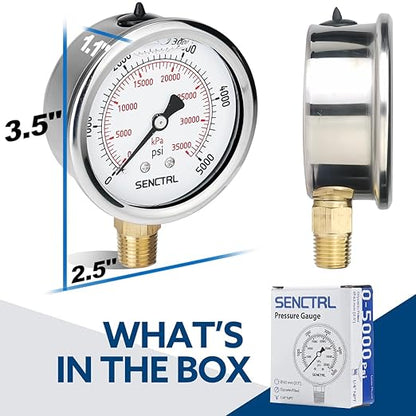 SENCTRL 5000 Psi Glycerin Liquid Filled Hydraulic High Pressure Gauge, 2.5" - Image 6