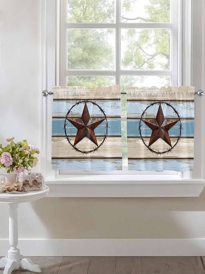 Vintage Western Star on Wood Grain Window Valance Curtains, Retro Wooden - Image 4