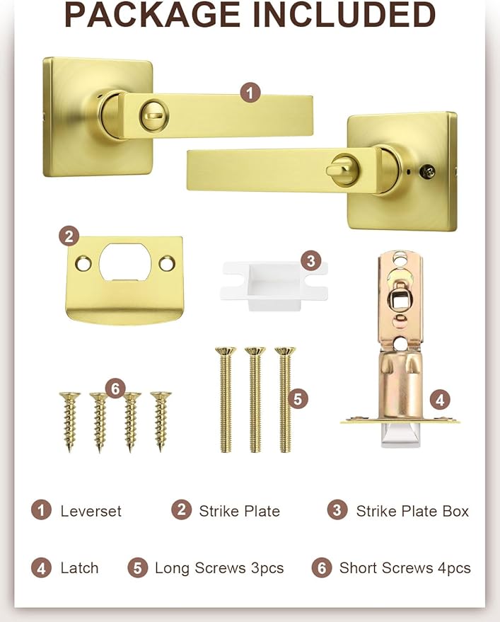 Mengico 2 Pack Gold Privacy Lever Door Handle Interior with Lock, Heavy Duty Square Door Lock for Bed/Bath, Keyless Door Locksets, Reversible for Left Right Handed Doors