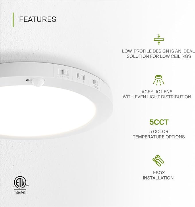 ASD LED 12" Round Flush Mount Ceiling Light Fixture, Low Profile Surface Lighting | 5CCT, Motion Sensored, Ultra-Thin, ETL Listed | 24W 1700LM 2700-6000K 120V | Kitchen, Hallway Lamp | White