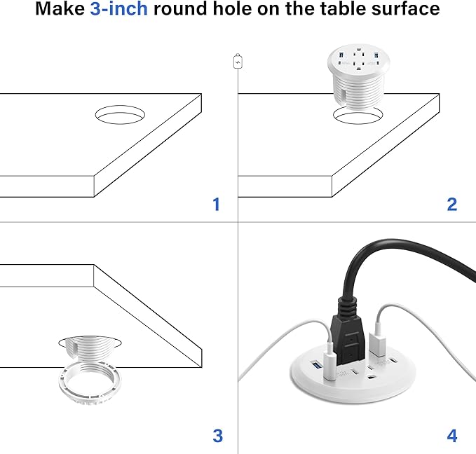 Desktop Power Grommet, 65W USB C Fast Charging, Flush Mount Recessed Power Strip 3-Inch Hole, 2 Outlets, 4 USB Ports, Countertop Outlet (White)
