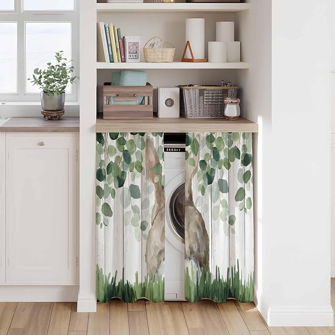 Easter Tier Curtains, Country Rabbit Botanical Leaves Wooden Grain Light - Image 7