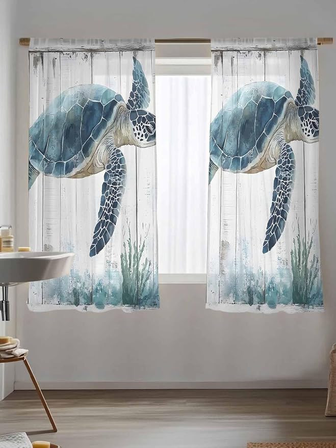 Sheer Curtains 72 Inches Long, Sea Turtle Teal Blue Semi Sheer Curtains Light - Image 5