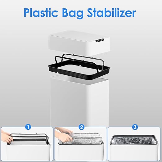 TLSUNNY 16 Gallon Automatic Trash Can, Stainless Steel Motion Sensor Garbage bin, Smart Trash Can W/Butterfly Lid, Bag Retainer Ring and Display Light for Living Room,Kitchen,Office (White, 60L)