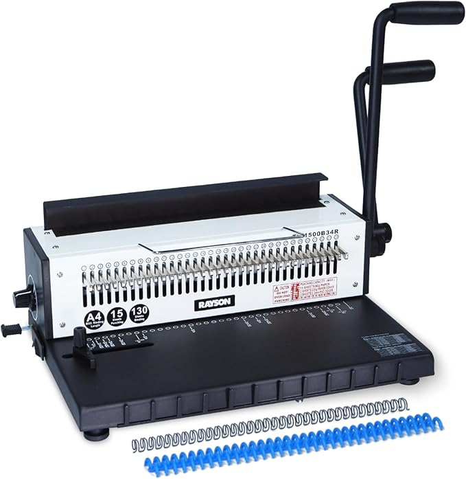 Rayson TD-1500B34R Binding Machine, Round Holes, 3:1 Pitch Wire-O Binder Punch 15 Sheets/Bind 130 Sheets with Sturdy Metal Construction