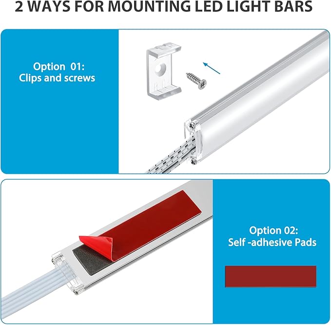Under Cabinet LED Lights Kit. RGB Color Changing & Super Bright White Lighting. Dimmable with Remote. 6 pcs Linkable LED Light Strips with Power Supply, Extension Cords. Plug in. Max 24W. RGB + 5000K.
