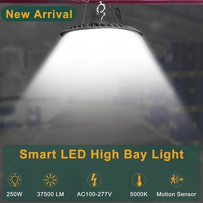 ACOHOOK Smart 250W LED High Bay Light 37500lm Commercial Bay Lights with Remote Control(Supports Normal Mode & Motion Sensor Mode) AC100-277V ETL UFO Light-6Pack