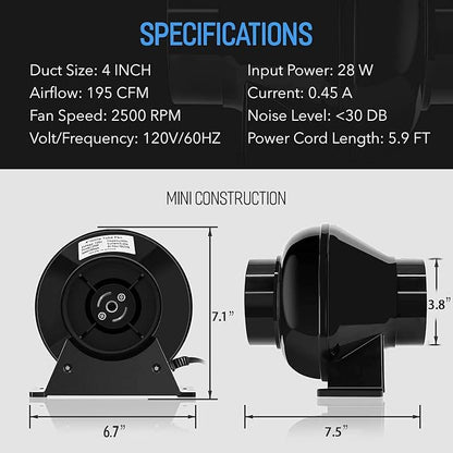 iPower 4 Inch 195 CFM Inline Fan Air Carbon Filter - Image 3