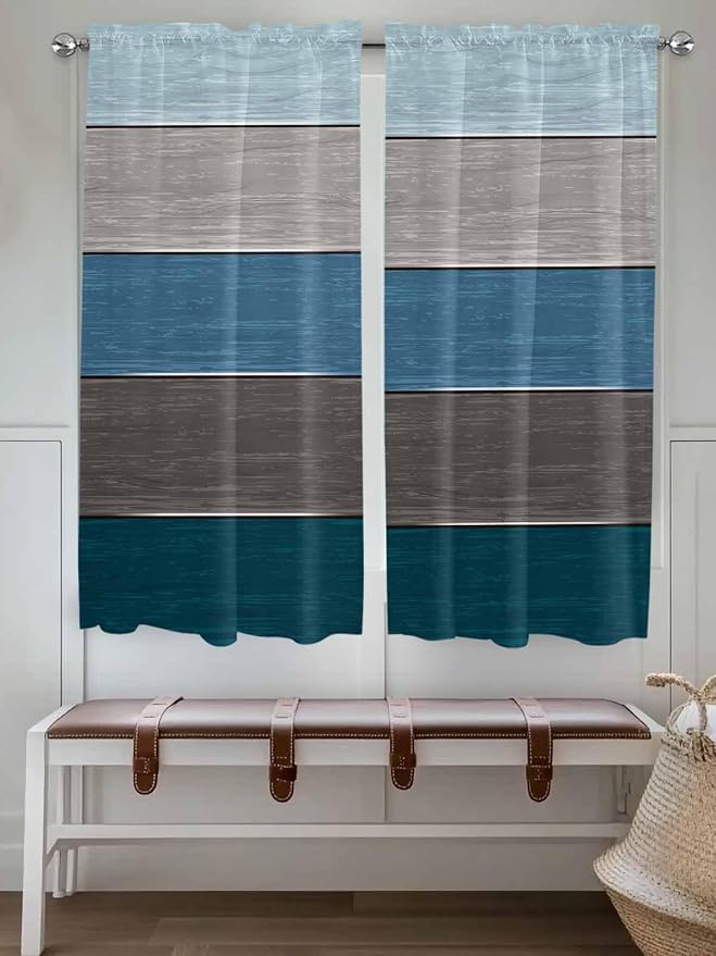 Retro Farm Blue Gray Wood Grain Window Valance Curtains, Rustic Wooden Plank - Image 2