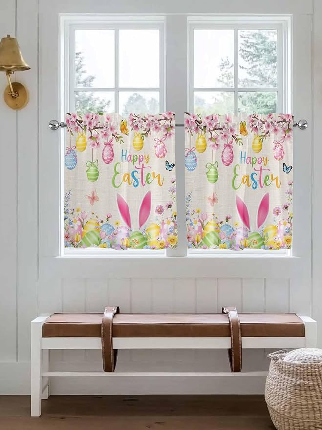 Happy Easter Half Window Curtains 24 Inches Long, Spring Farmhouse Bunny Eggs - Image 4