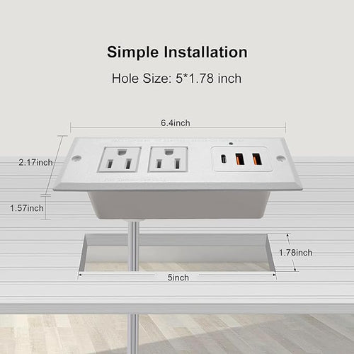 20W Recessed Power Strip USB C Fast Charge Desk Power Outlet Type C Flush Mounted Extension Power Plug for Conference Countertop Desktop Drawer Sofa ETL Listed (White)