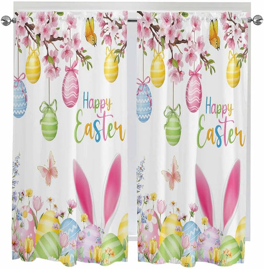 Happy Easter Bedroom Curtains 63 Inches length, Spring Watercolor Bunny Eggs by Unknown
